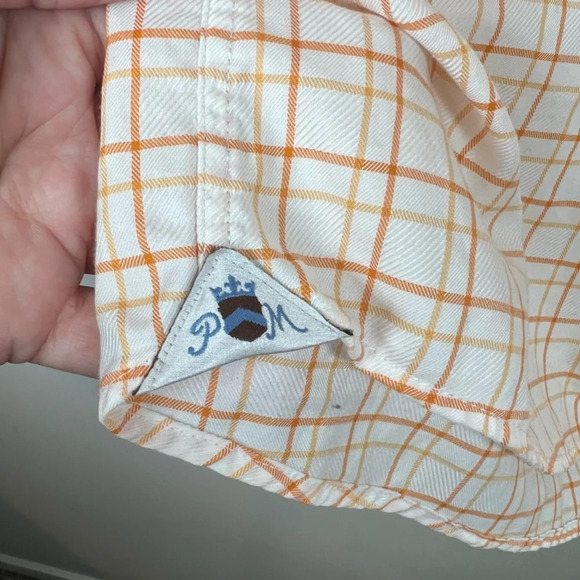 Peter Millar Men’s 15R Plaid Button Up Shirt Orange White Cotton Checkered Small - Picture 6 of 11